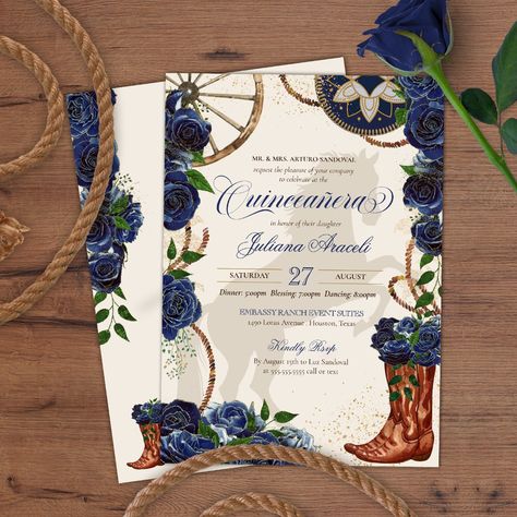 Elegant Charro Blue Rose Western Boots Quinceanera Invitation Quinceanera Charro Theme Decorations, Blue Charro Quinceanera Theme, Charro 15 Invitations, Charo Quince Invitations, 15 Invitations Ideas Charro, Quinceanera Charro, Charro Quinceanera Invitations Blue, Royal Blue Quinceanera Theme, Blue Quinceanera Theme