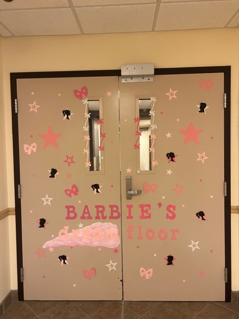 Ra Dorm Hallway Decorations, Barbie Door Decoration, Hall Themes, Hallway Decorations, Ra Door Decs, Ra Themes, Dorm Door, Ra Boards, Class Door