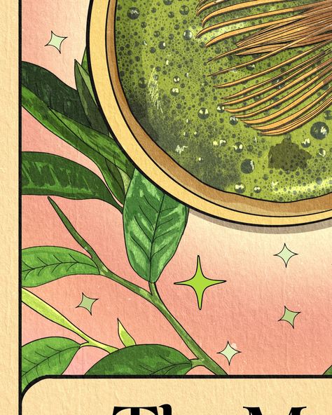 Absolutely in love with these tarot card illustrations I just finished up for @bluematchacompany! This was one of those projects where I spent waaay more hours on it than I had to, because I was truly enjoying the process of creating them. Everything but the lettering is hand illustrated! The first one I did was the matcha, and it took me about 5 hours. It set the tone for the rest of the set! I had to match that energy!! Haha. My son was like “mom you drew that?!! Everything else you’ve ever... Matcha Graphic Design, Matcha Illustration, Matcha Art, Matcha Girl, Tea Illustration, The Matcha, Leaves Illustration, Matcha Bowl, Poster Ideas