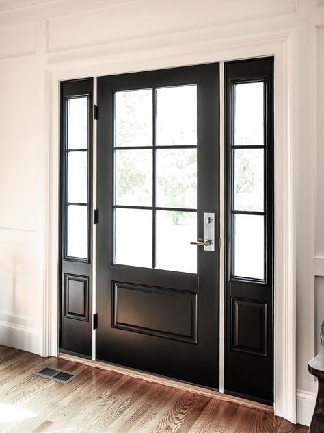 Black Front Entry Doors With Sidelights, Black Glass Front Door With Sidelights, Farmhouse Front Door With Glass, Double Front Entry Doors Black, Black Front Door With Glass Window, Satin Etch Glass Front Door, Black Fiberglass Front Door, Black Door With Sidelights, Farmhouse Front Doors With Glass Panels