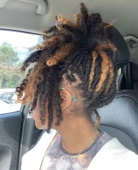 Locs Dyed In The Back, Super Short Locs, Locs With Blonde Highlights, Skunk Stripe Dreads, Loose Locs, Dyed Locs Black Women, Natural Locs With Curly Ends, Locs For Women, Locs Dyed