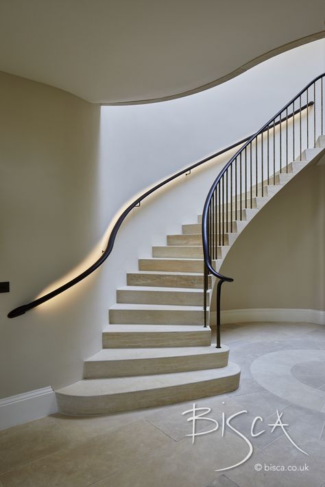 Curved Handrails For Stairs, Curved Stair Railing Ideas, Curve Stairs Design, Oval Staircase, Round Stairs Design, Modern Curved Staircase, Curved Staircase Ideas, Stone Stairs Interior, Helical Staircase