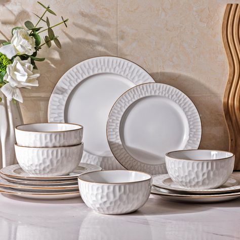 PRICES MAY VARY. UNIQUE MODERN DESIGN: Our 12-piece ceramic dinnerware set features a modern and elegant embossment design, allowing your dinner plate and bowl to be the star of the table. The glaze is pure snow-white with light embossment, and darkened rims, which look ultra classy and beautiful. This white dinnerware set is durable enough for everyday use for the family, yet sophisticated enough for that important dinner party or special event. Perfect for wedding and housewarming gifts. LEAD- Everyday China Dinnerware Sets, White Dinnerware Set, Stoneware Plates, Plates And Bowls Set, Ceramic Dinnerware Set, Stoneware Dinnerware Sets, White Dinnerware, Kitchen Ware, Stoneware Dinnerware