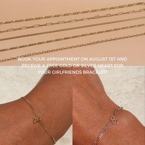 💕August 1st - International Girlfriend Day💕 Send this post to your boyfriend or girlfriend because only on August 1st you receive 1 free silver or gold heart charm per couple for your Forever Bracelet🥰 #internationalgirlfriendday #foreverbracelet #neverendingbracelet #breda #bredajuwelier #mijuofficial #permanentjewelry Girlfriend Day, Forever Bracelets, Forever Bracelet, Girlfriends Day, August 1st, Your Boyfriend, Gold Heart, Heart Of Gold, Heart Charm