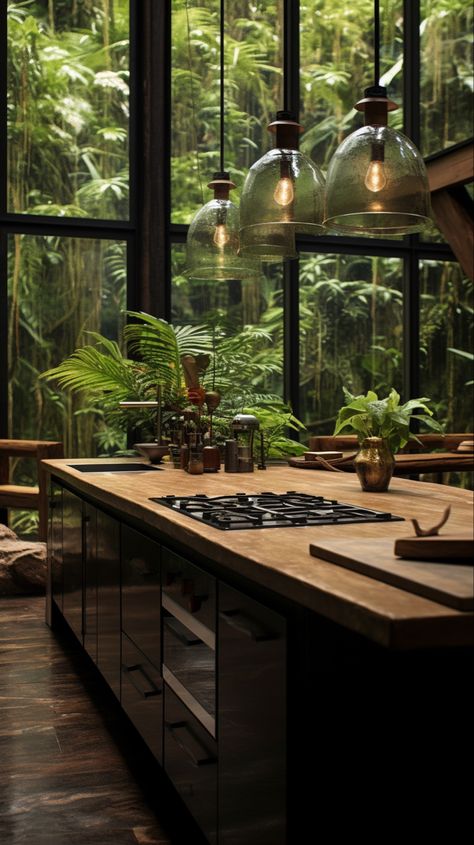 Rainforest House Design, Living Room Designs Italian, Rainforest House Interior, Forest Cabin Modern Interior, Rainforest House Aesthetic, Nature Kitchen Aesthetic, Rainforest Interior Design, Biophilic Design Kitchen, Rainforest Kitchen