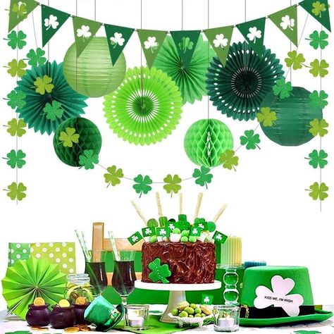 stpatrick partydecor themedparty irishparty stpatricksdayparty themedpartydecor decorations Saint Patricks Party Ideas, Patricks Day Decorations, Irish Party, Paper Fan, St Patrick's Day Decorations, Paper Lantern, Saint Patricks, Paper Fans, Green Decor