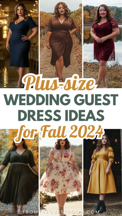 plus size women wear wedding guest dresses for fall Dress Ideas For Wedding Guest Plus Size, Country Chic Wedding Outfit Guest, Fall Wedding Guest Dress November, Autumn Wedding Guest Outfit, Country Wedding Guest Dress, Dress Plus Size Wedding Guest, November Wedding Guest Outfits, Plus Size Wedding Guest Outfit, Wedding Guest Dress Ideas