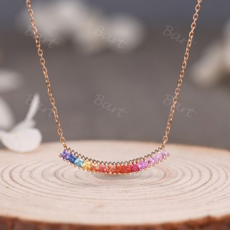 Blue Gemstone Necklace, Horizontal Bar Necklace, Rainbow Sapphires, Rainbow Jewelry, Diamond Free, Sterling Silver Chain Necklace, Plum Blossom, Rainbow Color, Sapphire Jewelry