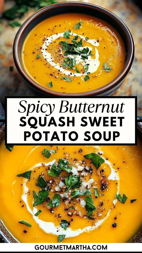 Warm up with this flavorful blend of spicy butternut squash and sweet potatoes! This comforting, creamy soup has the perfect kick of heat, making it a go-to dish for cozy nights or chilly days. The sweetness of the squash and potatoes pairs perfectly with a touch of spice, creating a deliciously balanced soup you’ll crave again and again. Craving something new? Get the recipe here #soupseason #butternutsquashsoup #sweetpotatosoup #comfortfoodrecipes #fallrecipes #spicysoups #... Butternut Squash Sweet Potato Soup, Squash Sweet Potato Soup, Squash And Sweet Potato Soup, Butternut Squash And Sweet Potato, Butternut Squash Sweet Potato, Spicy Butternut Squash, Butternut Squash Sweet, Sweet Potato Soup Recipes, Butternut Soup