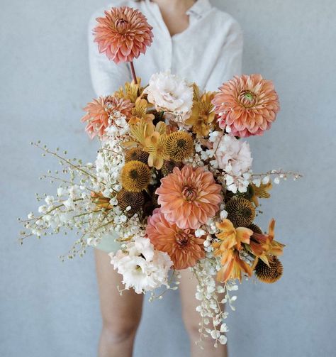 Siren Floral Co, Dahlia Bridal Bouquet, Charro Wedding, Orange Bridal Bouquet, Wyoming Weddings, Fall Bouquet, Bouquet Design, Pastel Hues, Backyard Wedding