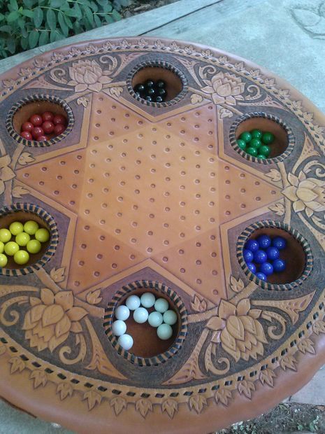 DIY this beautiful game set. - Leather Chinese Checker Board Chinese Checkers Board, Checkers Board, Chinese Checkers, Upholstery Tacks, Checker Board, Leather Cuts, Leather Art, Game Board, Leather Projects