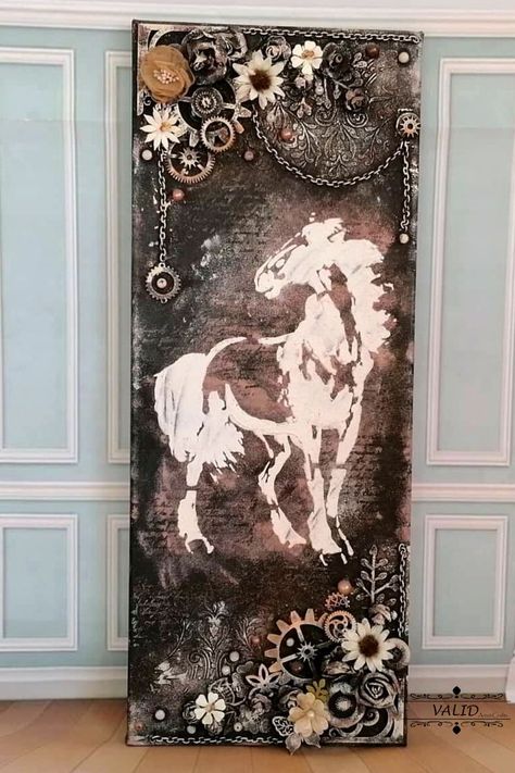 Horse Mixed Media Art, Vintage Steampunk, Art Horse, Texture Paste, Home Decor Vintage, Animal Canvas, Steampunk Art, Horse Lovers, Mix Media