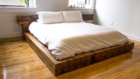 reclaimed oak beam bed Wood Beam Bed, Wood Beam Bed Frame, Wooden Base Bed, Beam Bed Frame, Beam Bed, Homemade Bed Frame, Homemade Beds, Reclaimed Wood Bed Frame, Rustic Bed Frame