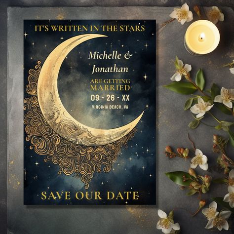 Vintage Moon, Sun and Stars Celestial Wedding Save The Date Moon And Stars Illustration, Moon Sun And Stars, Celestial Wedding Invitations, Foil Save The Dates, Gold Foil Invitation, Inspired Illustration, Moon Wedding, Celestial Wedding, Vintage Moon