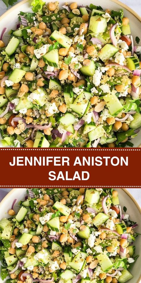 Discover the refreshing and healthy Jennifer Aniston Salad, perfect for any meal! This easy recipe features quinoa, fresh cucumber, parsley, mint, red onion, pistachios, chickpeas, and a zesty lemon dressing. Ready in no time, it's Jennifer Aniston Diet, Jennifer Aniston Salad Recipe, Cucumber Quinoa Salad, Jennifer Aniston Salad, Aniston Salad, Chickpea Recipes Easy, Cilantro Salad, Greek Quinoa Salad, Fresh Cucumber