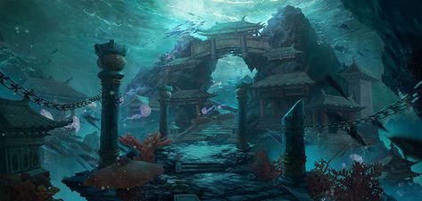 ArtStation - Underwater Temple Underwater Temple, Underwater Palace, Temple Poster, Art Underwater, Pirate Boats, Sunken City, Underwater City, Sci Fi City, Underwater Art