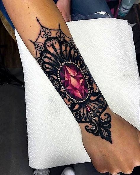 UK tattoo ideas. Gem stone ideas, lace tattoos, pearl tattoos color tattoos girls with tattoos. Dodie Tattoo, Voll Arm-tattoos, Gem Tattoo, Jewel Tattoo, Forearm Tattoo Design, Geniale Tattoos, Lace Tattoo, Tattoo Feminina, Tattoos Gallery