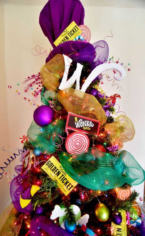 Our Christmas Tree Willy Wonka Charlie And The Chocolate Factory Christmas Tree, Work Christmas Tree Ideas, Wonka Christmas Decorations, Chocolate Christmas Tree Decorations, Funny Christmas Tree Themes, Willy Wonka Tree, Willy Wonka Christmas Decorations, Willy Wonka Christmas Tree, Wonka Christmas Tree