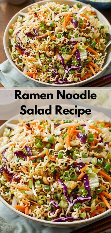 "Love salad recipes? Try our Ramen Noodle Salad Recipe! A delicious noodle salad that's easy to make and perfect for dinner. Enjoy this unique salad idea. Asian Salad Ramen, Salad Asian, Ramen Salad, Ramen Noodle Salad, Noodle Salad Recipes, Asian Salad, Easy Salad, Ramen Recipes, Ramen Noodle