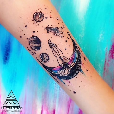 Cosmos Tattoo, Medium Tattoos, Girl Arm Tattoos, Planet Tattoos, Galaxy Tattoo, Space Tattoo, Cute Tattoos For Women, Arm Tattoos For Women, Book Tattoo