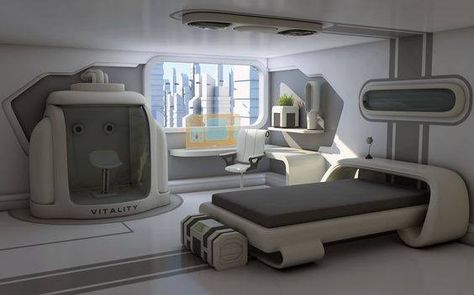 Married Bedroom, Futuristic Bedroom Design, Sci Fi Bedroom, Futuristic Bedroom Ideas, Sci Fi Rooms, Futuristic Architecture Concept, Kota Masa Depan, Sci Fi Room, Futuristic Bedroom