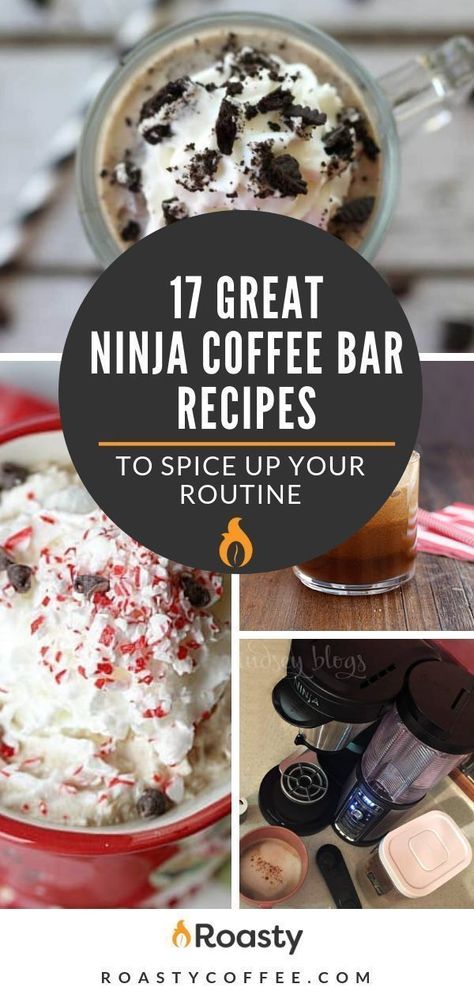 From the more classic mocha latte to peppermint mochas that give you those holiday feels, check out our list of 17 great Ninja Coffee Bar recipes to spice up your routine. Happy caffeinating!  #roastycoffee #ninjacoffeebar #coffeemaker #homemadecoffee #co Espresso Machine Drink Recipes, Ninja Specialty Coffee Recipes, Peppermint Mocha Latte Recipe, Ninja Dual Brew Coffee Recipes, Ninja Luxe Cafe Recipes, Ninja Dualbrew Pro Coffee Recipes, Ninja Specialty Coffee Maker Recipes, Ninja Dual Brew Pro Recipes, Ninja Coffee Maker Recipes