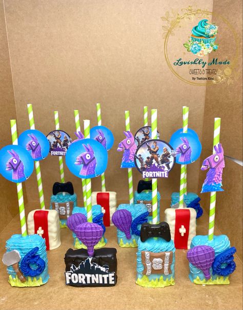 Lavishly made chocolate covered rice krispy treats Fortnite Rice Krispy Treats, Fortnite Pretzel Rods, Chocolate Covered Rice Krispie Treats, Chocolate Car, Fortnite Cake, Themed Treats, Fortnite Party, Fortnite Birthday, Krispy Treats