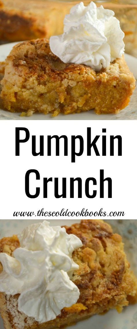 Yellow Cake Mix Desserts, Pumpkin Crunch Recipe, Pumpkin Pie Crunch, Yellow Cake Mix Recipes, Pumpkin Cobbler, Crisp Topping, Pumpkin Crisp, Pumpkin Crunch Cake, Dessert Halloween