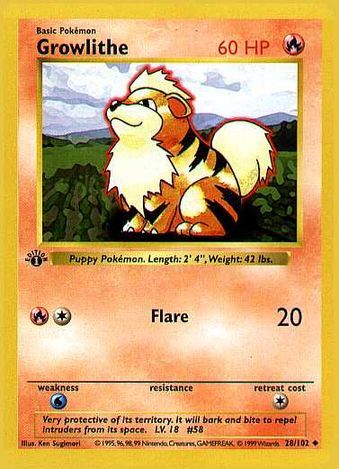 Growlithe (058) Growlithe has keen senses of smell and hearing, and is intelligent. It is also quite rare and hard to catch, due to its Roar attack. In the wild, Growlithe are very territorial. Old Pokemon Cards, Rare Pokemon Cards, Old Pokemon, Rare Pokemon, Pokemon Trading Card Game, Play 1, Pokemon Trading Card, All Pokemon, Pokemon Card