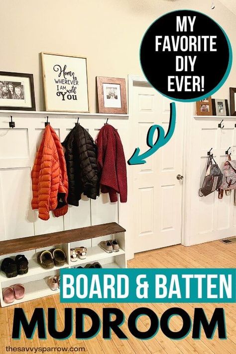 Board And Batten Wall With Shoe Storage, Board And Batten Hooks, Board And Batten Hooks Entry, Mudroom Board And Batten Hooks, Entry Board And Batten With Hooks, Board And Batten Wall Entryway Hooks, Mudroom Plans, Diy Mudroom Wall, Diy Board And Batten Wall Entryway With Hooks