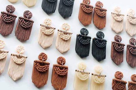 Polymer Clay Macrame, Polymer Clay And Macrame, Macrame And Clay Earrings, Macrame Clay Earrings, Macrame Polymer Clay Earrings, Polymer Clay Wall Decor, Clay Earrings With Charms, Clay And Bead Earrings, Clay Macrame