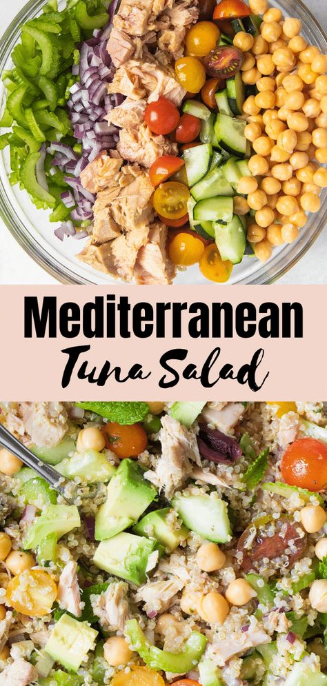 Easy Tuna Salad, Farmhouse Recipes, Mediterranean Tuna, Mediterranean Tuna Salad, Toasted Crostini, Greek Vinaigrette, Dinner Today, Cold Lunches, Layered Salad