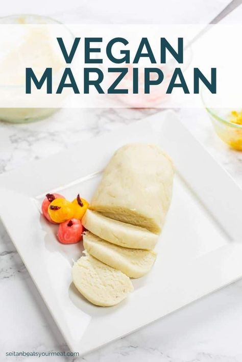 This vegan marzipan recipe made with aquafaba is quick and easy. It can be used in candy, baking, or marzipan fruits. #aquafabarecipes #homemademarzipan #veganmarzipan #seitanbeatsyourmeat Vegan Marzipan, Stollen Recipe, Aquafaba Recipes, Marzipan Recipe, Italian Rainbow Cookies, Marzipan Fruit, Vegan Christmas Dinner, Vegan Christmas Recipes, Recipe Sweet