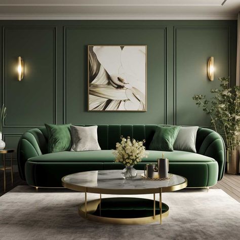 3+ Tips for Making a Green Sofa the Star of Your Living Room • 333+ Images • [ArtFacade] Green Couches, Modern Green Living Room, Emerald Green Living Room, Green Sofa Living, Dark Green Living Room, Green Sofa Living Room, Deco Living, Art Deco Living Room, Green Couch