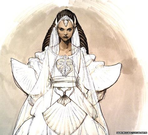 Some, such as this concept art for Padme's wedding dress for Attack of the Clones, focus on the fashions of the mythical galaxy. (Image: Iai... Padme Wedding, Iain Mccaig, Star Wars 1313, Star Wars Padme, Bd Art, Ralph Mcquarrie, Star Wars Fashion, Star Wars Concept Art, Star Wars Outfits