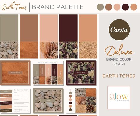 EARTH TONES Deluxe Pink Brand Color Palette with Hex, CMYK, and RGB Codes Transform your business's visual identity effortlessly with the EARTH TONES Deluxe Palette Toolkit. This expertly crafted kit blends rustic greens with earthy browns and deep burgundy's, allowing you to introduce a vibrant and elegant aesthetic to your brand instantly. Perfect for showcasing to your small business team, this palette offers both beauty and functionality. Features: Perfect for Small Businesses and Solopreneu Brown Color Palette Aesthetic, Canva Color Palette, Rgb Code, Natural Color Palette, Glow Stones, Brand Palette, Boho Brand, Business Team, Nature Color Palette