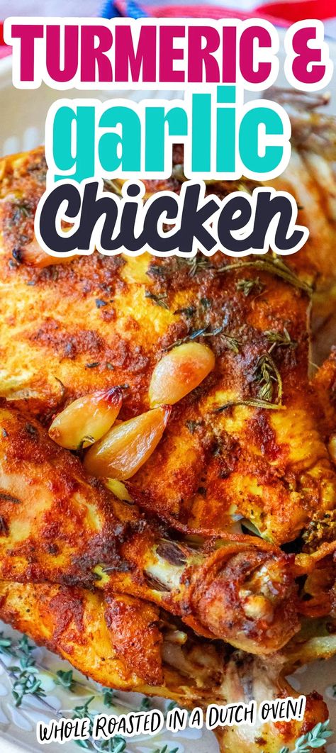 Garlic Turmeric Roasted Chicken - main dishes #maindishes Tumeric Chicken Recipes, Recipes Using Turmeric, Garlic Chicken Crockpot, Chicken Thighs In Oven, Whole Baked Chicken, Cooking With Turmeric, Roasted Garlic Chicken, Poultry Dishes, Turmeric Recipes