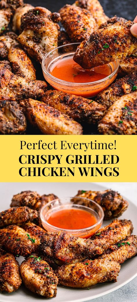 #ad These crispy grilled chicken wings are simple, easy, and delicious! The wings are seasoned beautifully with the homemade spice rub, made of basic pantry ingredients. The meat is so tender and moist on the inside while crispy on the outside. It’s the perfect crispy chicken wings recipe without all of the oil and deep-frying! #chickenwings #grilledchickenwings #grilling #wings #saltpepperchicken #crispychicken #simplybetterchicken #gameday #superbowl Chicken Wing On The Grill, Broil Chicken Wings, Chicken Wings And Drumettes, Best Seasoning For Chicken Wings, How To Make The Best Chicken Wings, Wings Grilled Recipes, Camping Chicken Wings, Grilled Wings Dry Rub, Best Homemade Wings