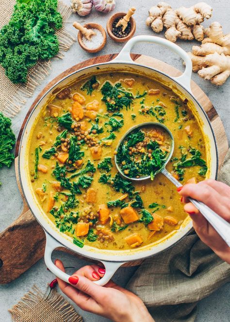 Kale Sweet Potato Soup, Lentil Soup With Coconut Milk, Lentil Kale Soup, Sweet Potato Lentil Curry, Lentil Stew Recipes, Sweet Potato Lentil Soup, Soup With Coconut Milk, Vegetarian Stew, Curried Lentil Soup