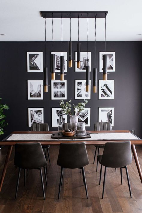 Moody Dining Room  This moody dining room creates the perfect space for entertaining and socializing. The textures, tones and dark colours in this space all encapsulate that moody feeling. Small Dining Room Interior Design, Black Accent Wall Dining Room Modern, Modern Dark Dining Room, Dining Room Black Wall, Moody Small Dining Room, Black Dining Room Wall, Moody Dining Room Ideas, Dark Dining Room Ideas, Bold Dining Room