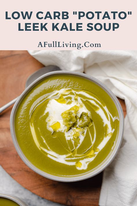 This Low Carb "Potato" Leek Kale Soup is easy to love! We use turnips in place of potatoes, and it's a wonderful healthy, low carb comfort food soup. This bright green soup will have you craving your vegetables. The perfect gluten free and low carb creamy soup for chilly weather. #PotatoLeekSoup #LowCarbSoup #Kale #Turnips #KetoSoup Vegetable Soup With Kale, Keto Vegetable Soup, Comfort Food Soup, Low Carb Comfort Food, Low Carb Potatoes, Soup With Kale, Comfort Soup Recipes, Potato Leek, Food Soup