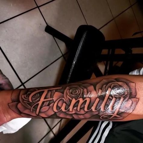 Struggle Before Success Tattoo, The Word Family Tattoos, Family Tattoo Forearm, Family Forearm Tattoo Men, Tattoo Ideas For Men Family, Familia Tattoo Men, Family Tattoos For Men Forearm, Blessed Tattoo For Men, Last Name Tattoos For Men