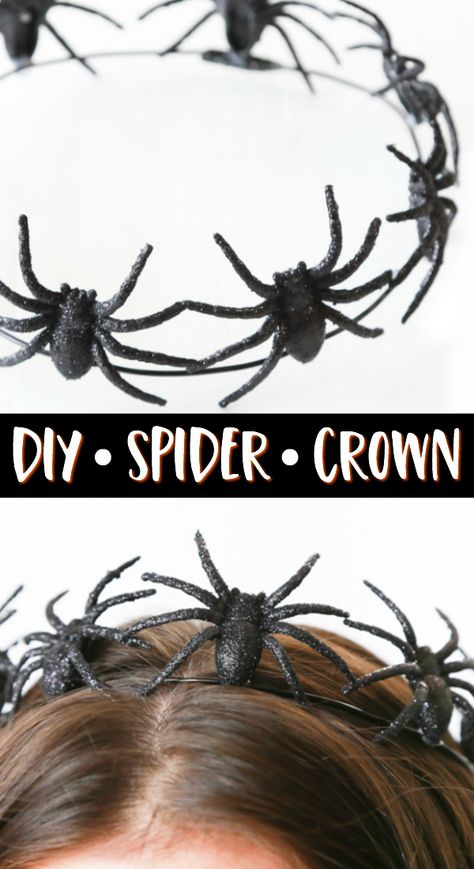 Spiders have never looked so good (or sparkly). With just a few supplies you can make this DIY Spider Crown - a perfect accessory for Halloween. Even if you're not dressing up for Halloween this year, this Halloween crown is a must-have. #halloween #halloweencrown #halloweencraft  via @simplymommy Spider Headpiece Diy, Spider Web Costume Women Diy, Halloween Accessories Ideas, Diy Spider Costume Kids, Halloween Headbands Diy, Spider Costume Diy Women, Diy Halloween Hair Accessories, Spider Witch Costume, Diy Spider Costume