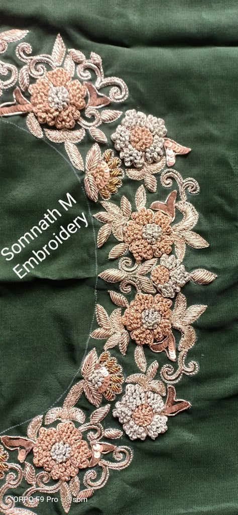 Hand Work Zardosi Border, Boat Neck Embroidery Designs, Dabka Work Embroidery Suits, Embroidery Designs With Beads, Work Blouse Hand Designs, Embroidery Samples, Blouse Maggam Work, Hand Work Design, Hand Beaded Embroidery