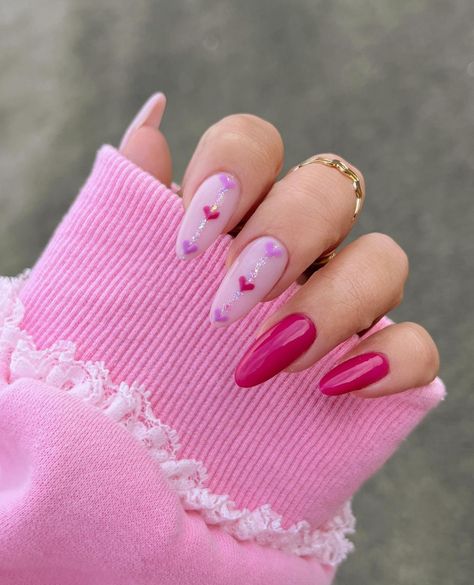 Minimal Valentines Nails, Pink Valentines Day Nails, Valentines Day Nails, Purple Nail Art, Sassy Nails, Blush Nails, Almond Acrylic Nails, Pink Valentines, Oval Nails