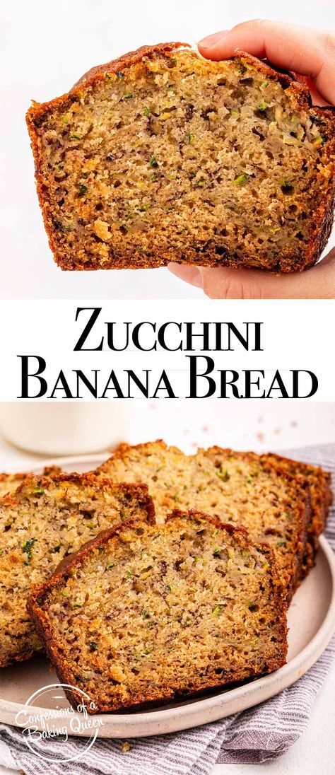 This easy banana zucchini bread recipe has a surprise ingredient–zucchini–and it’s delicious and nutritious. Step by step photos teach you how to bake this super easy quick bread! Zucchini Nut Bread Recipe, Banana And Zucchini Bread Recipe, Banana Zucchini Bread Recipe, Banana Zucchini Bread, Zuccinni Recipe, Zucchini Banana Bread Recipes, Zucchini Banana, Queens Food, Quick Bread Recipes Easy