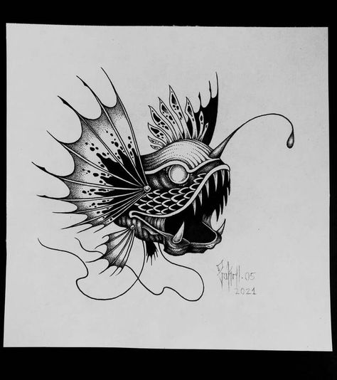 ink drawing detailing Dark Fish Tattoo, Scary Fish Tattoo, Scary Fish Drawing, Angler Fish Skeleton, Angler Fish Drawing, Angler Fish Art, Angler Fish Tattoo, Scary Fish, Marine Tattoo