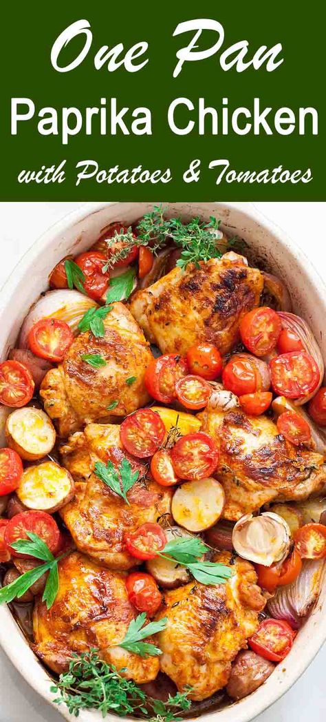 One-pan chicken dinner with potatoes, onions, garlic, cherry tomatoes, and an easy paprika sauce. Dairy-free, gluten-free. 1 hour start to finish! Potato Tomato Recipe, Dinner With Potatoes, Potatoes And Tomatoes, Chicken With Potatoes, Potatoes Tomatoes, Paprika Sauce, Potatoes Onions, Potato Dinner, Tomatoes Recipe