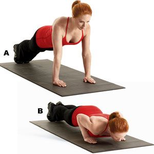 Tricep Push-Up: Get in plank position with your hands shoulder-width apart (A). Lower your chest toward the floor while keeping your upper arms parallel to your sides and your elbows pointing straight back (B). Push back up to start. That's one rep. To modify, simply lower your knees to the ground. Tricep Pushup, Equipment Free Workout, Womens Health Magazine, Fit Girl Motivation, Triceps Workout, Flat Abs, Total Body Workout, Health Magazine, Dumbbell Workout