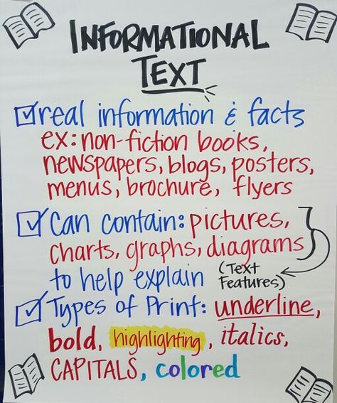 Informational Text Anchor Chart Information Text Anchor Chart, Details Anchor Chart, Informational Text Anchor Chart, Inspirational Father Quotes, Text Structure Anchor Chart, Genre Anchor Charts, 7th Grade Writing, Elementary Reading Comprehension, Ela Anchor Charts